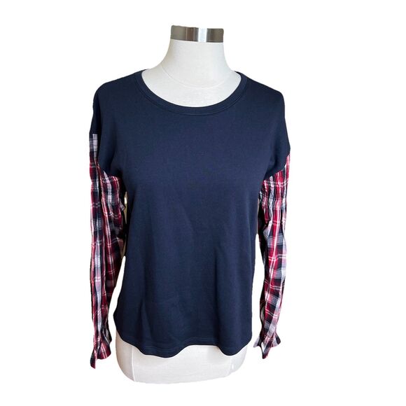 Tommy Hilfiger Sweatshirt Size Medium Navy Blue Mixed Media Long Sleeve - Picture 1 of 10